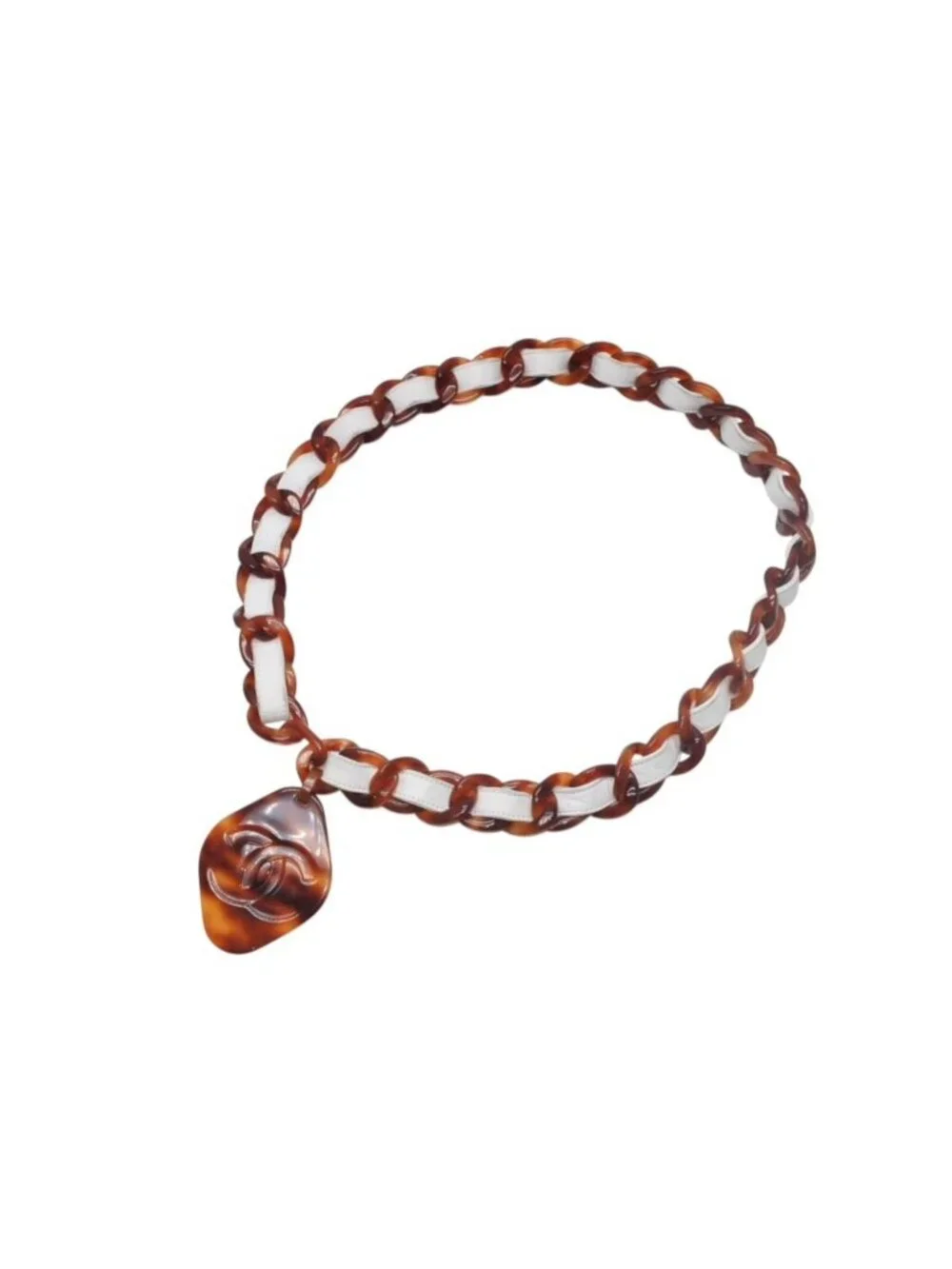 Chanel Plastic Leather Chain Belt 84.5 CC Logo Tortoiseshell Pattern White Brown